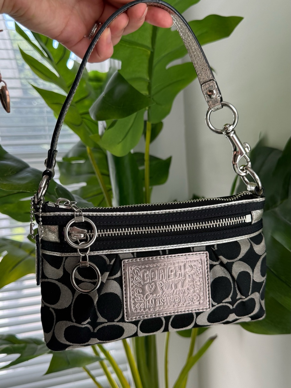 Coach Black and Silver Signature Wristlet Poppy Patch